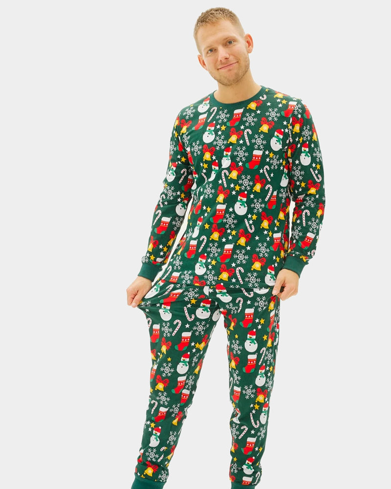 Pyjama de Noël Familial Vert avec Motifs de Noël Homme