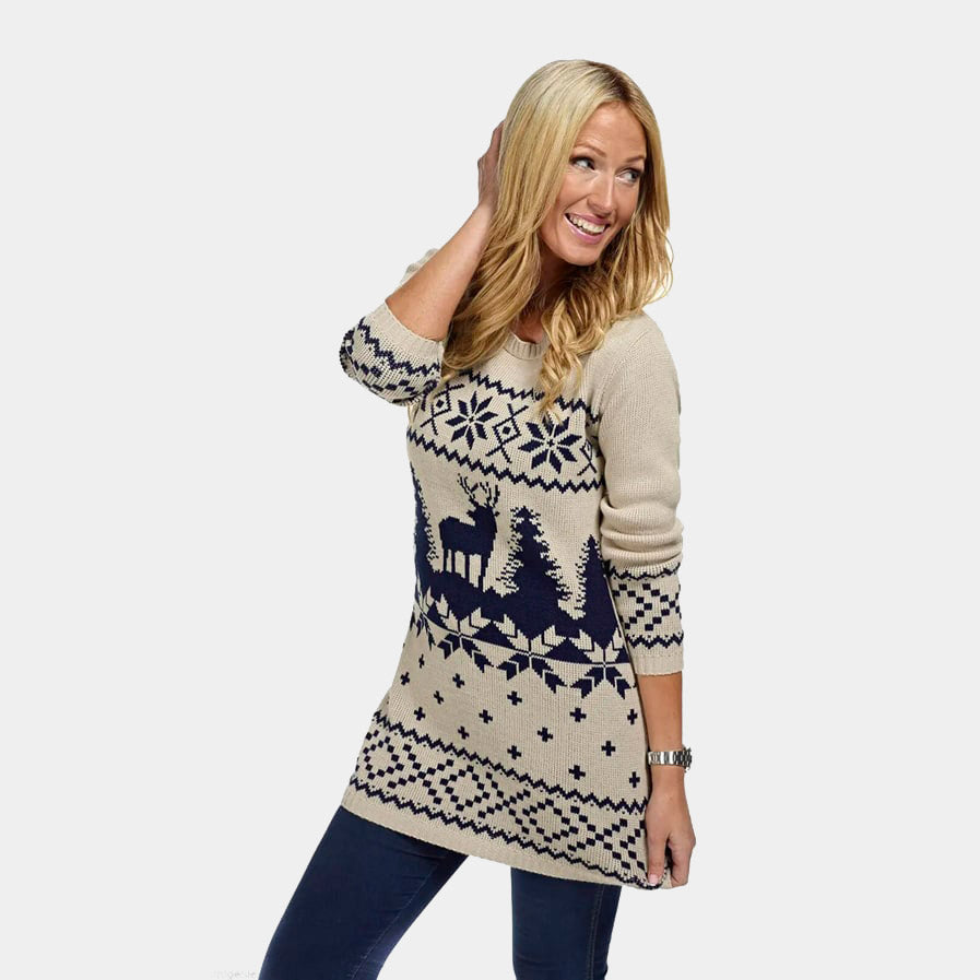 Robe de Noël Beige et Bleu Marine Classique