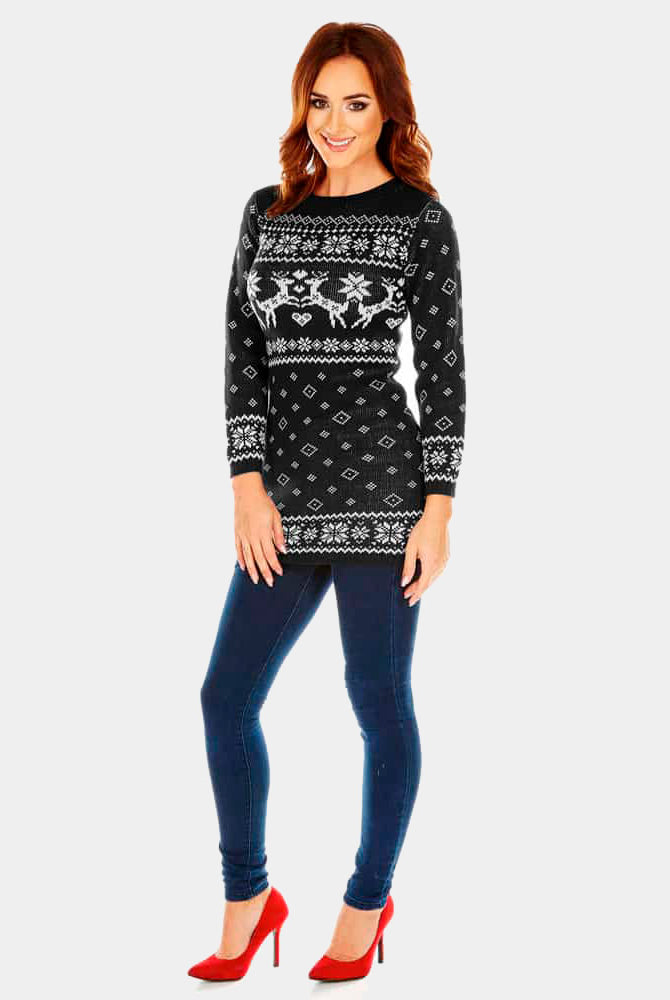 Robe de Noël Noir avec Rennes Femme