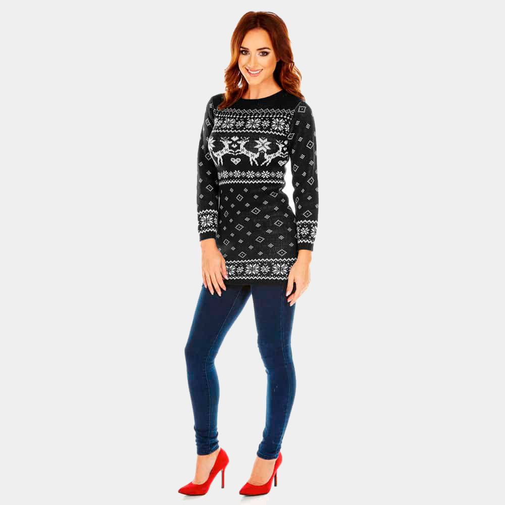 Robe de Noël Noir avec Rennes Femme