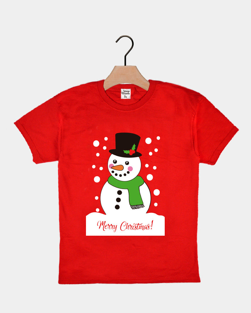 T-Shirt de Noël pour Enfants Rouge avec Bonhomme de Neige