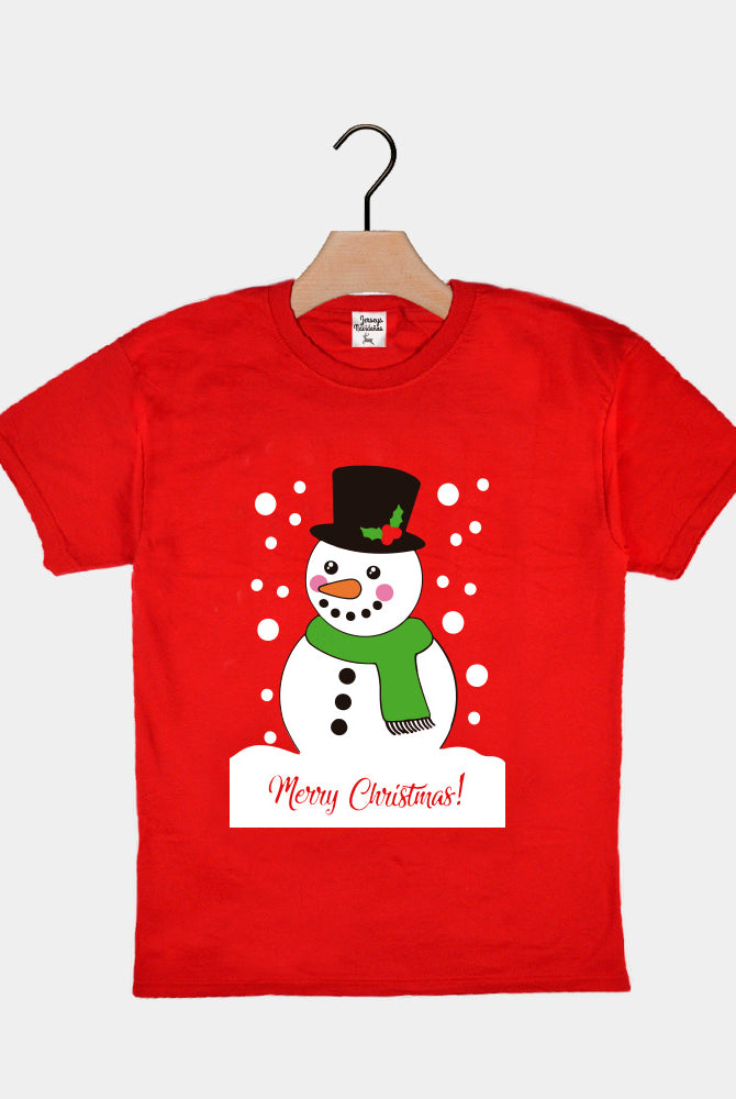 T-Shirt de Noël pour Enfants Rouge avec Bonhomme de Neige