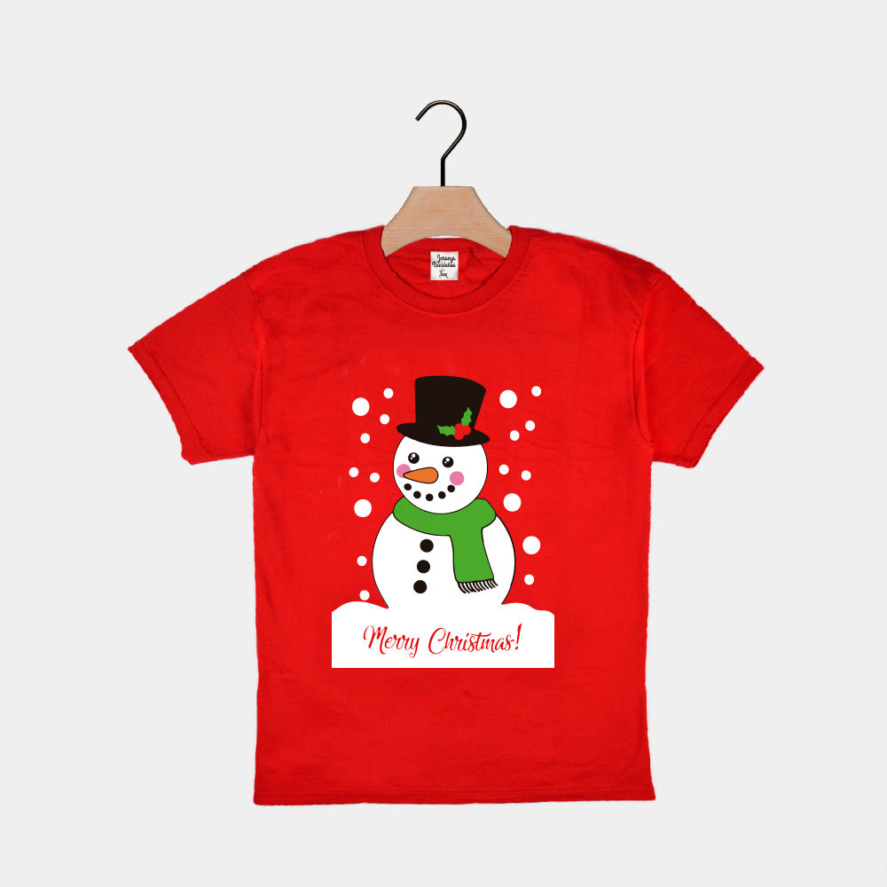 T-Shirt de Noël pour Enfants Rouge avec Bonhomme de Neige