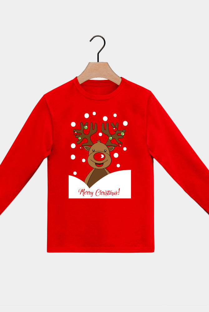 T-Shirt de Noël pour Enfants Rouge Manches Longues Renne Rudolph
