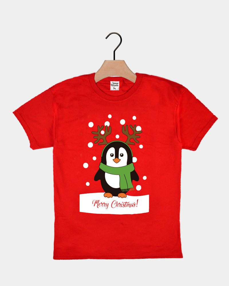 T-Shirt de Noël pour Enfants Rouge avec Pingouin