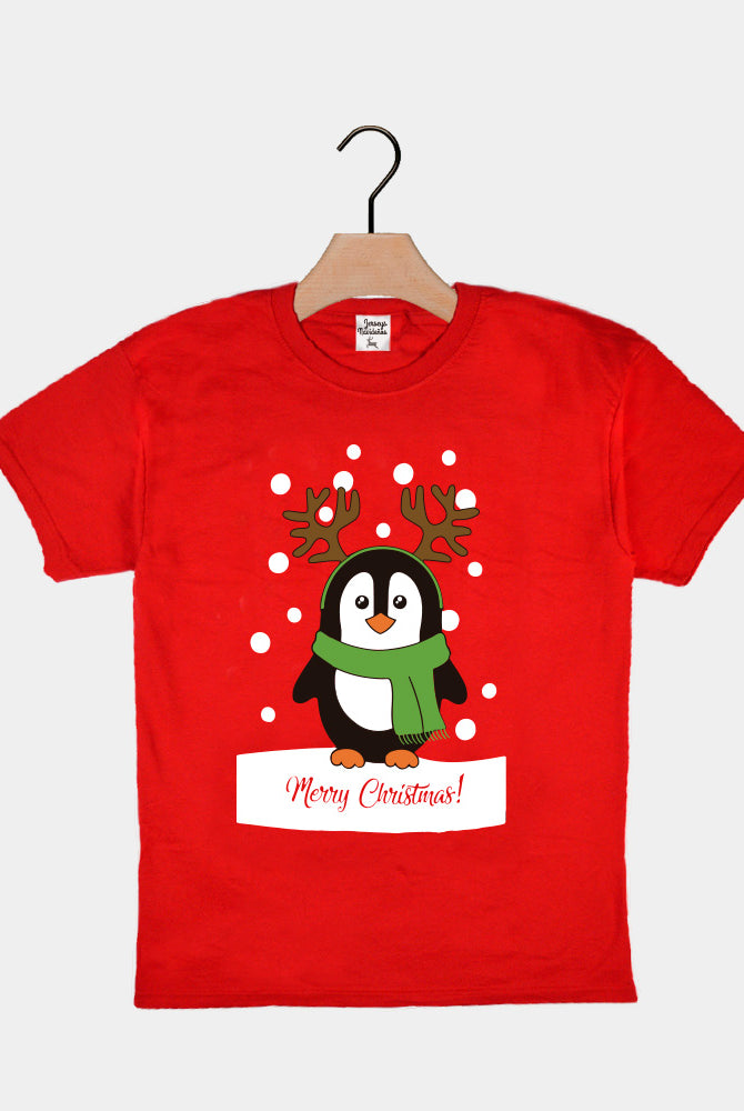 T-Shirt de Noël pour Enfants Rouge avec Pingouin
