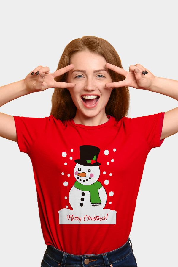 T-Shirt de Noël Femme Rouge avec Bonhomme de Neige