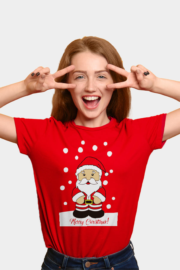 T-Shirt de Noël Femme Rouge avec Père Noël
