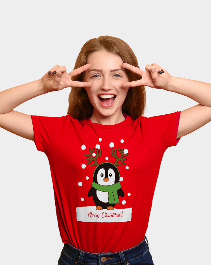 T-Shirt de Noël Femme Rouge avec Pingouin