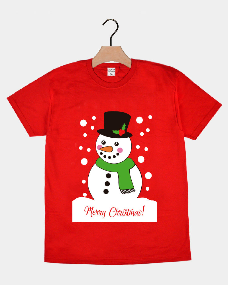 T-Shirt de Noël pour Homme et Femme Rouge avec Bonhomme de Neige