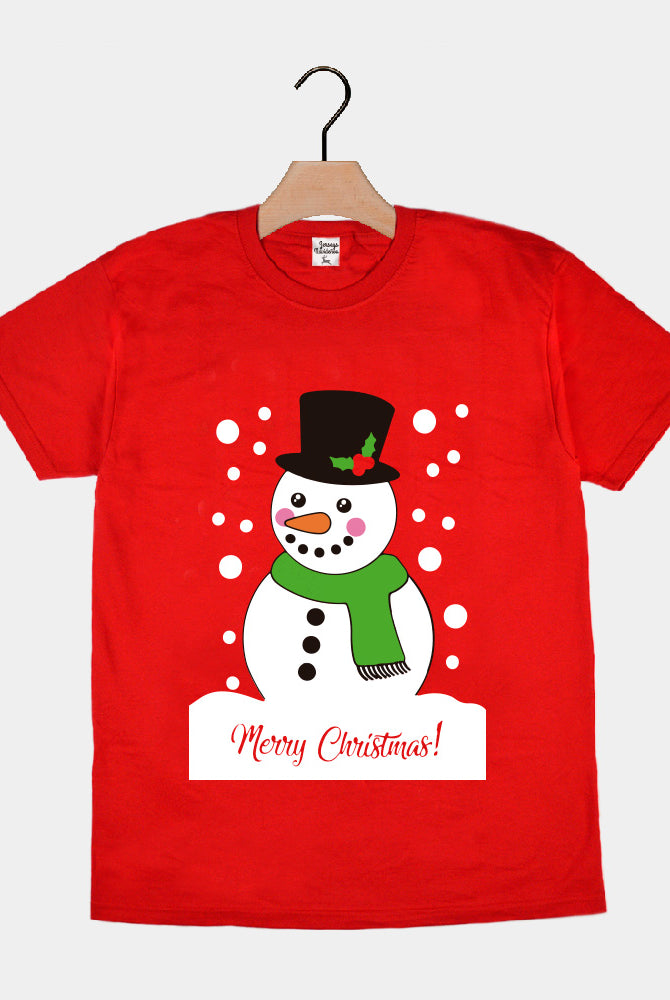 T-Shirt de Noël pour Homme et Femme Rouge avec Bonhomme de Neige