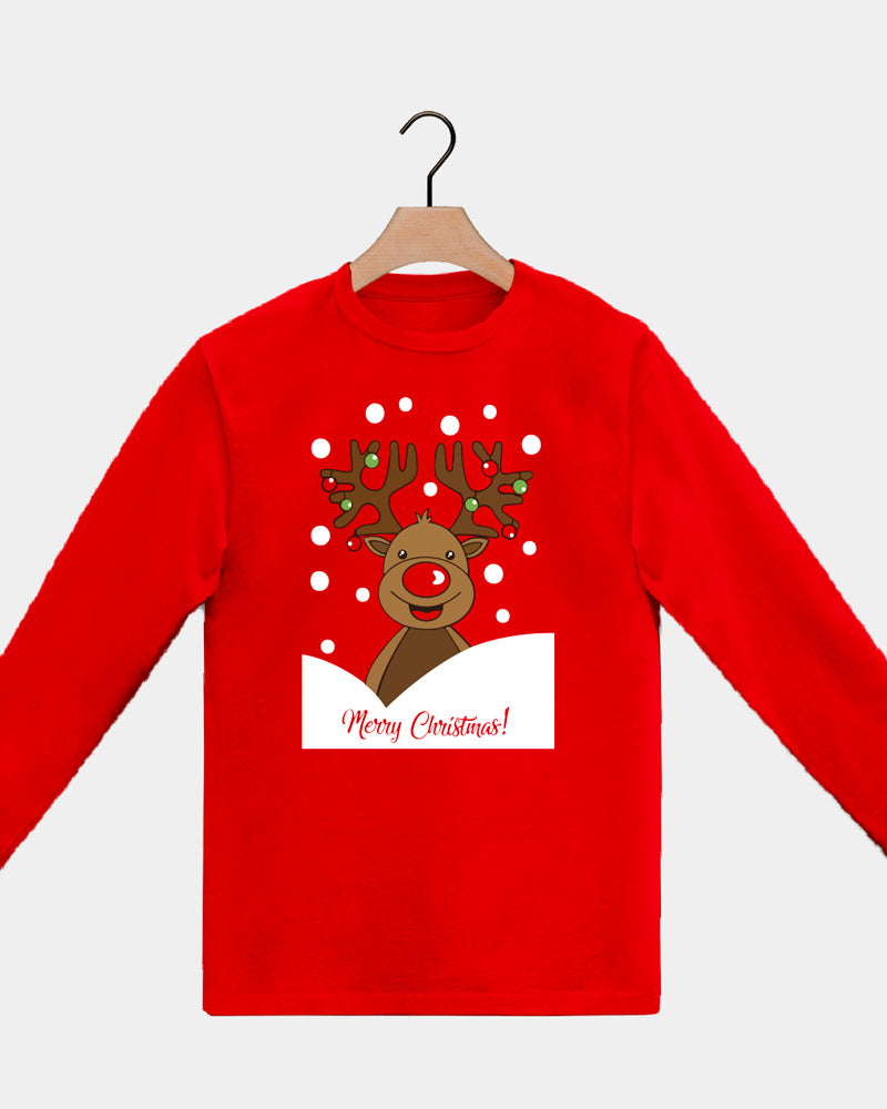 T-Shirt de Noël pour Homme et Femme Rouge Manches Longues Renne Rudolph