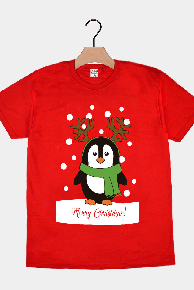T-Shirt de Noël pour Homme et Femme Rouge avec Pingouin