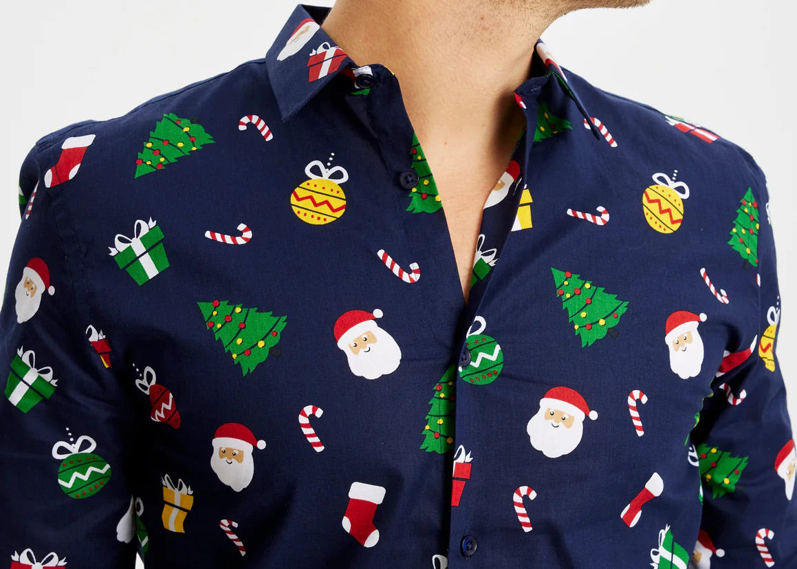 Chemise De Noël Pour Homme - Manches Longues - Motif Jacquard Discret - Coton Stretch 97% - Coupe Moderne - Pour Fêtes