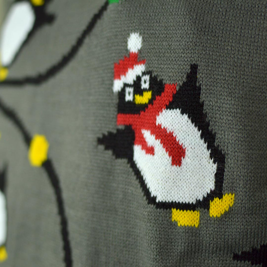 Pull de Noël pour Famille Lumineux LED Gris avec Pingouins détail