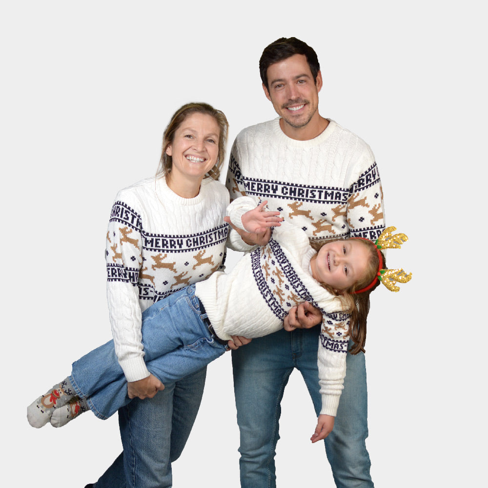 Pull de Noël Chic pour Famille Blanc avec Rennes Coton Bio