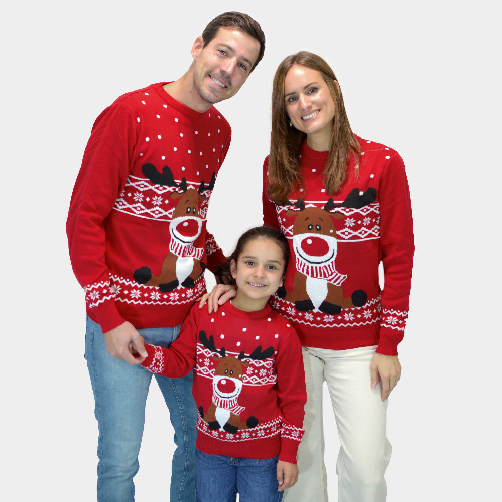 Pull de Noël pour Famille Rouge Renne Rudolph Echarpe