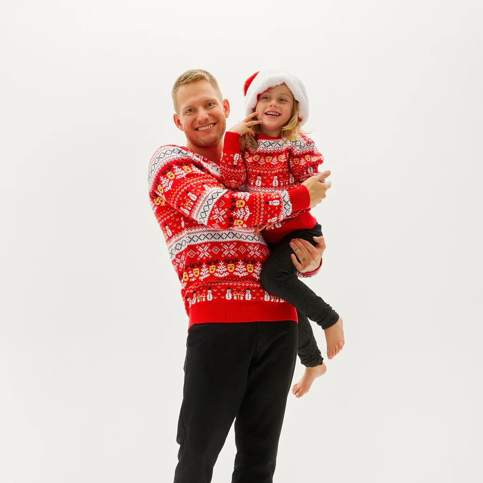 Pull de Noël pour Enfants Rouge Bonhommes de Neige Sapins Coton Bio famille