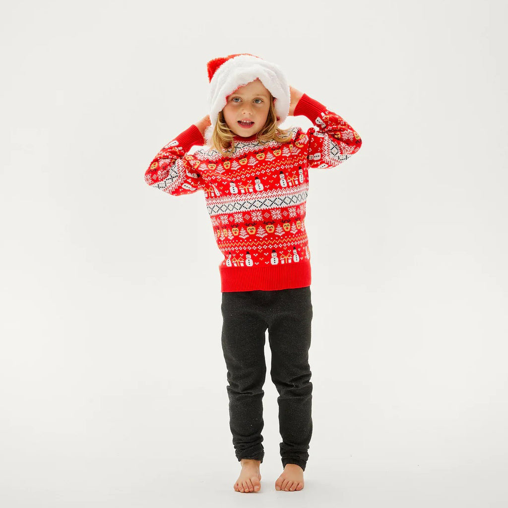 Pull de Noël pour Famille Rouge Bonhommes de Neige Sapins Coton Bio enfant