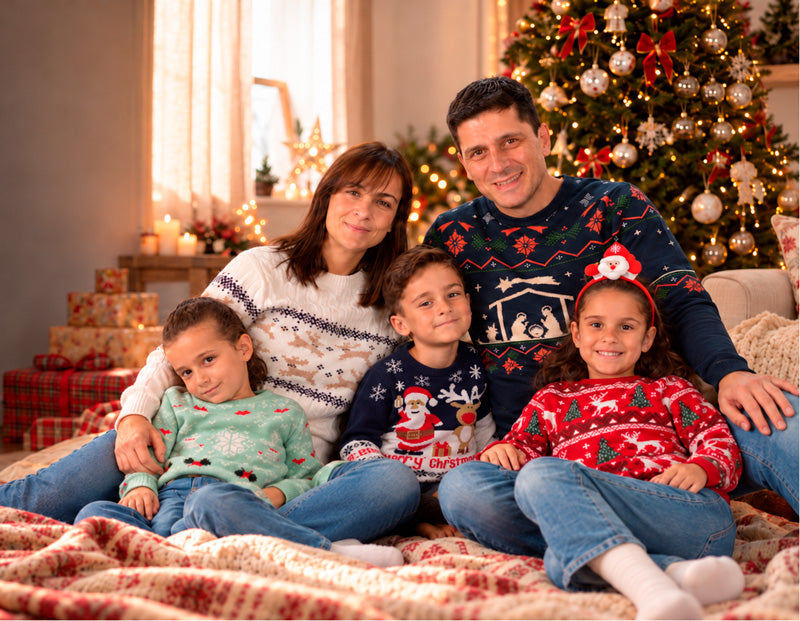 Famille portant des pulls de Noël exclusifs