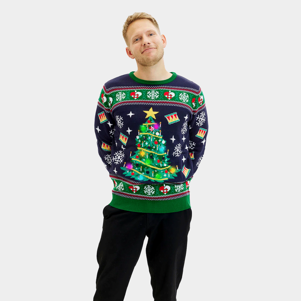 Bleu Pull de Noël pour Homme Lumineux LED avec Sapin de Noël
