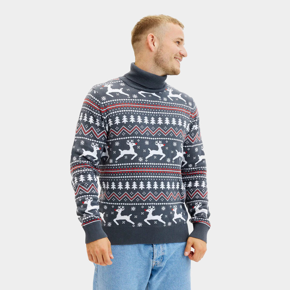 Coton Bio Pull de Noël pour Homme à Col Roulé Gris Rennes