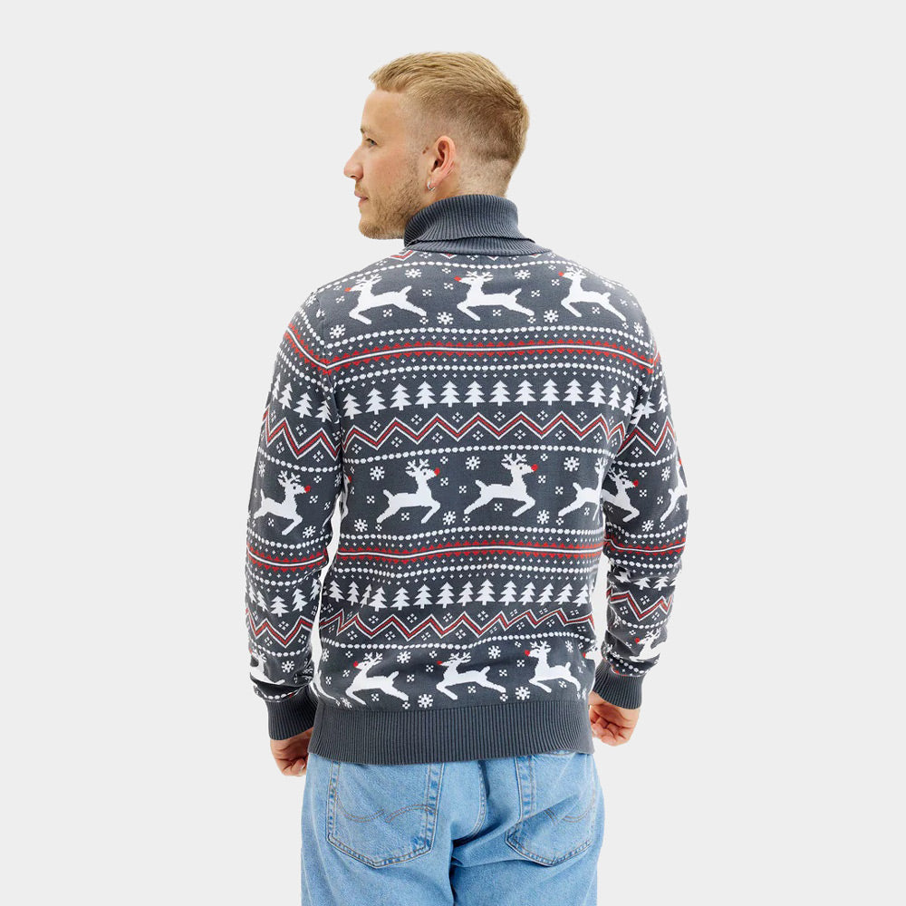 Pull de Noël pour Coton Bio Homme à Col Roulé Gris Rennes 