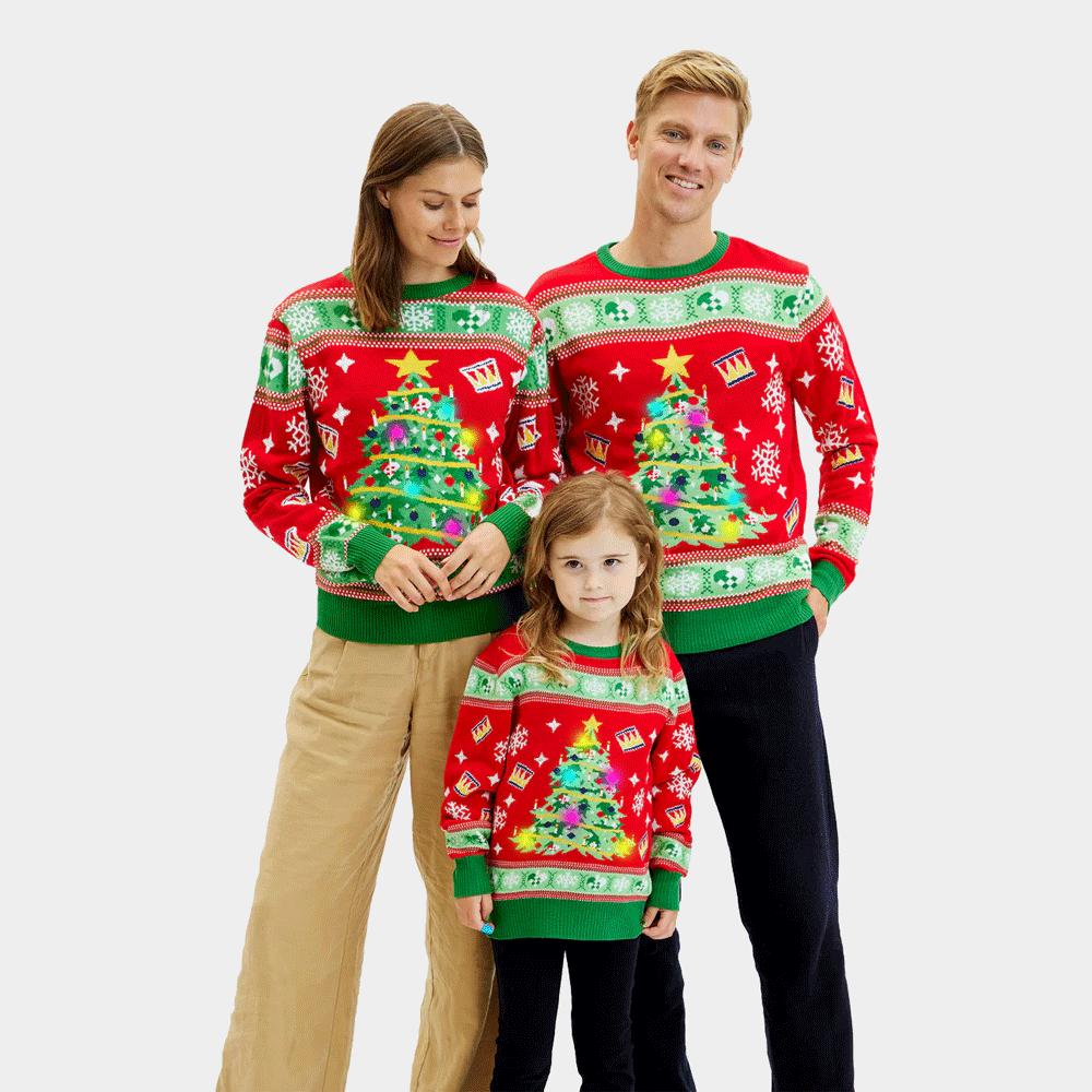 Pull de Noël Famille Enfants Lumineux LED Rouge avec Sapin de Noël
