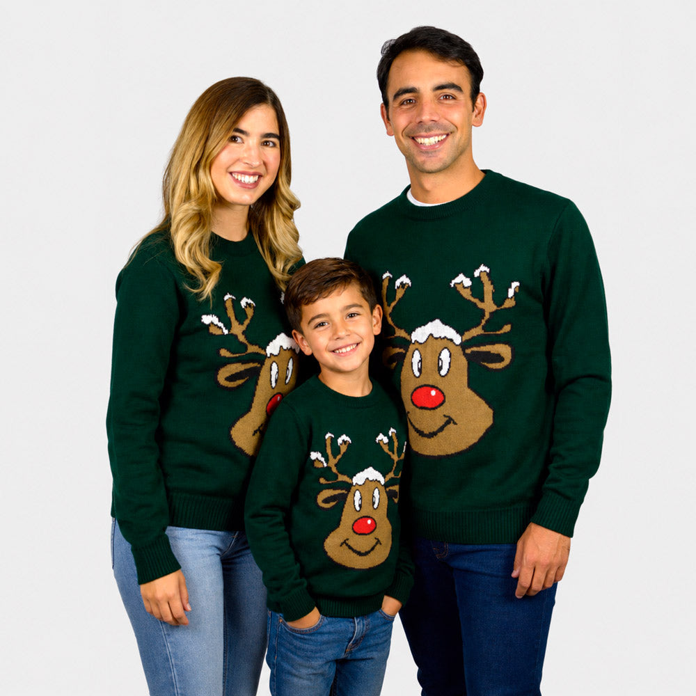 famille Pull de Noël Vert avec Renne Souriant
