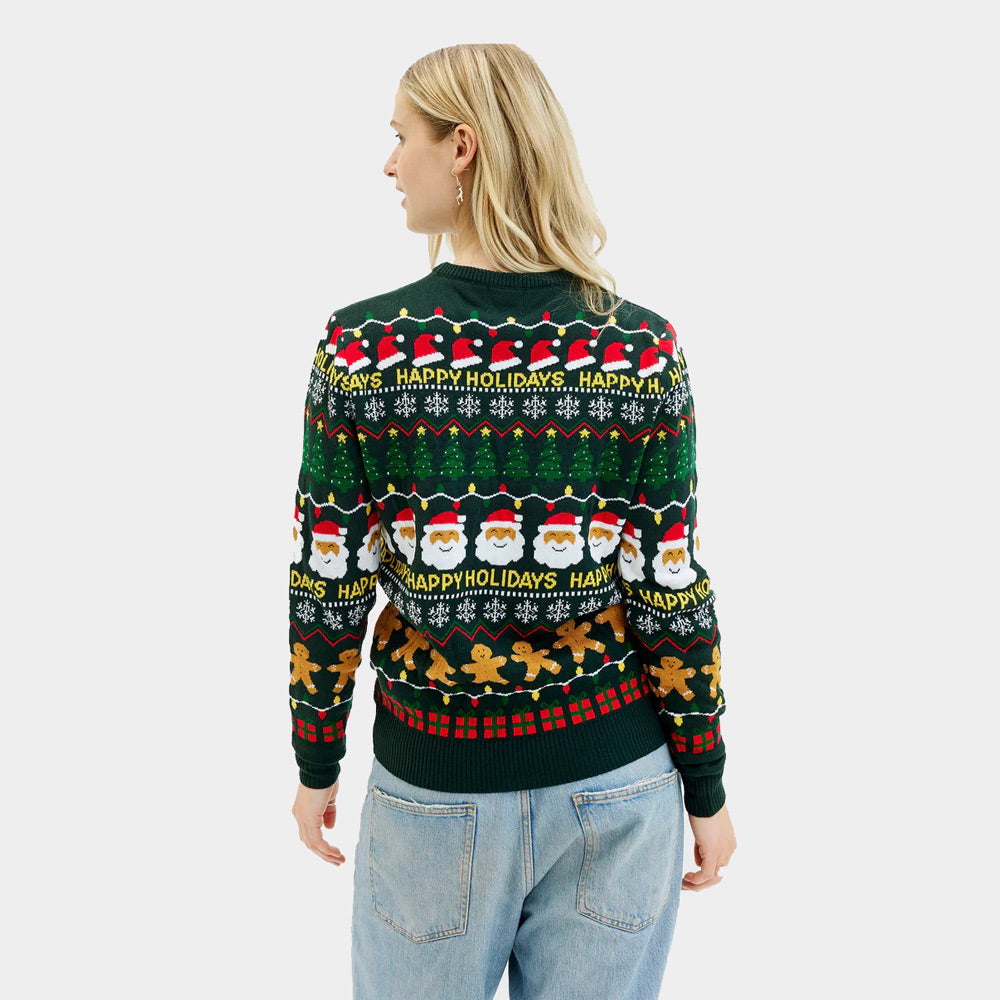 Happy Holidays Pull de Noël pour Femme Vert 