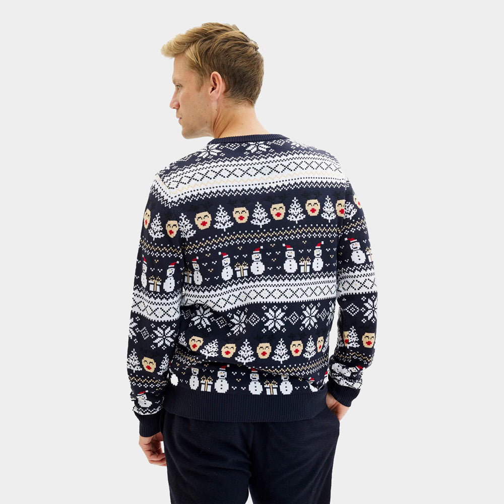 Pull de Noël Bleu Bonhommes de Neige et Sapins  pour Homme 