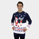 Pull de Noël Bleu Père Noël et Rudolph le Renne Coton Bio homme