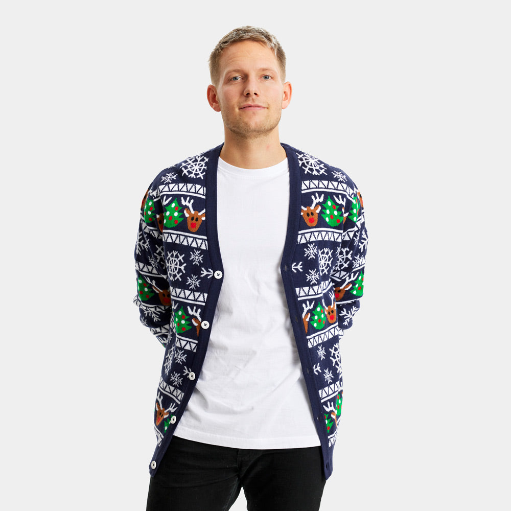 homme Pull de Noël Cardigan pour Couple Bleu avec Rennes et Sapins de Noël