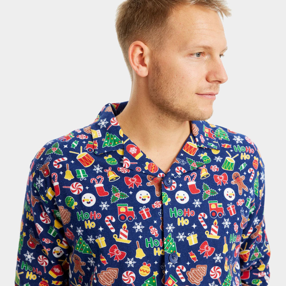 Homme Pyjama de Noël Familial Bleu Motifs de Noël