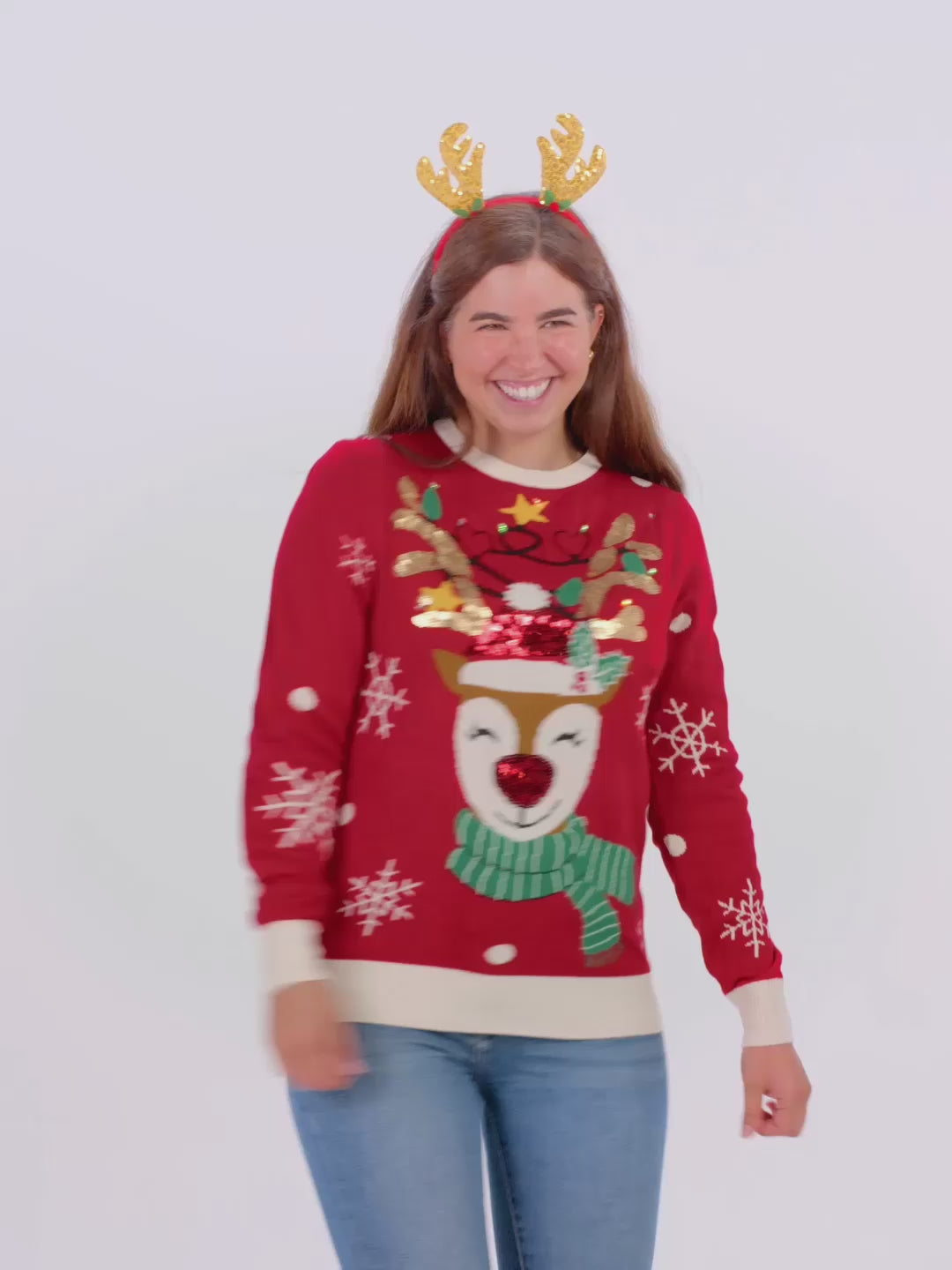 Pull de Noël pour Femme et Homme Lumineux LED Renne Brillant Paillettes