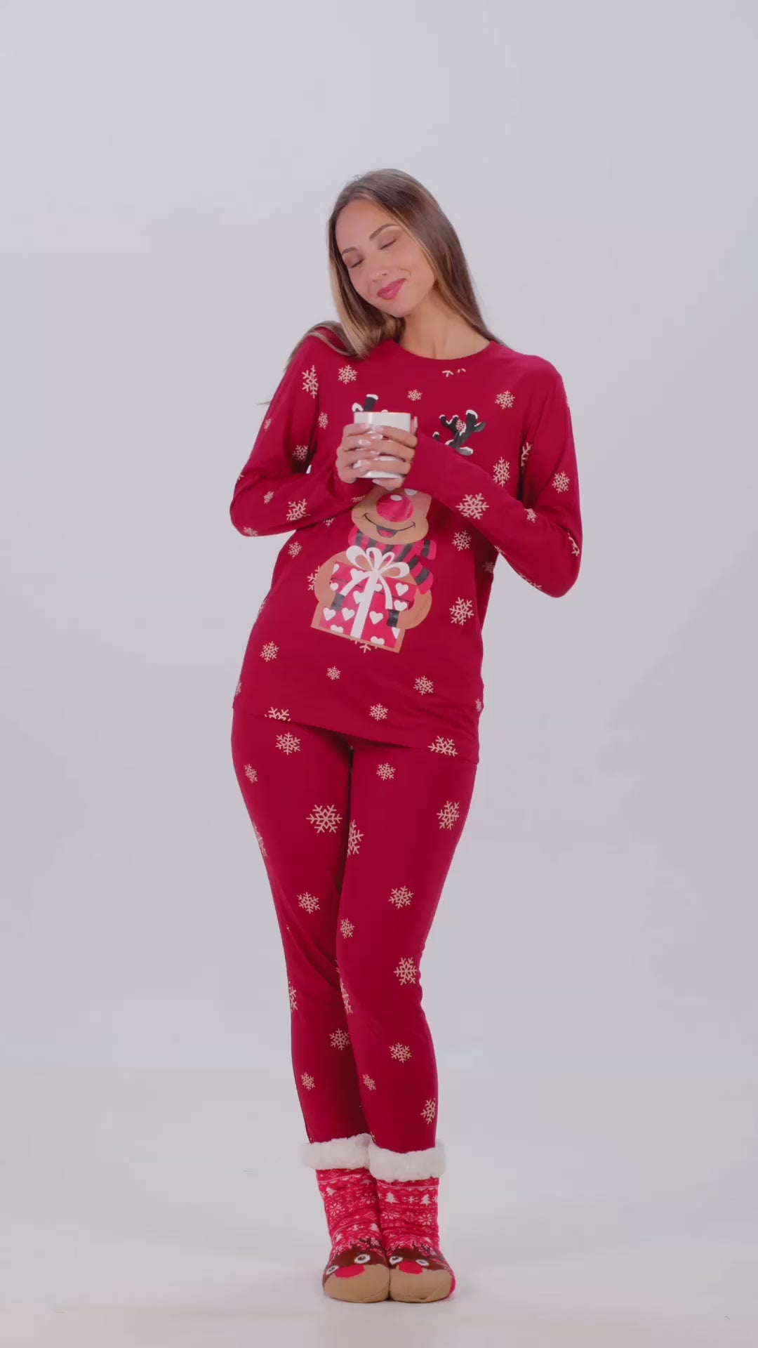 Pyjama de Noël pour Femme et Homme Rouge avec Rudolph le Renne