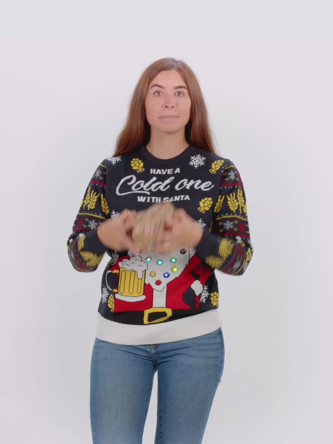 Pull de Noël pour Femme et Homme Lumineux LED Père Noël avec Bière