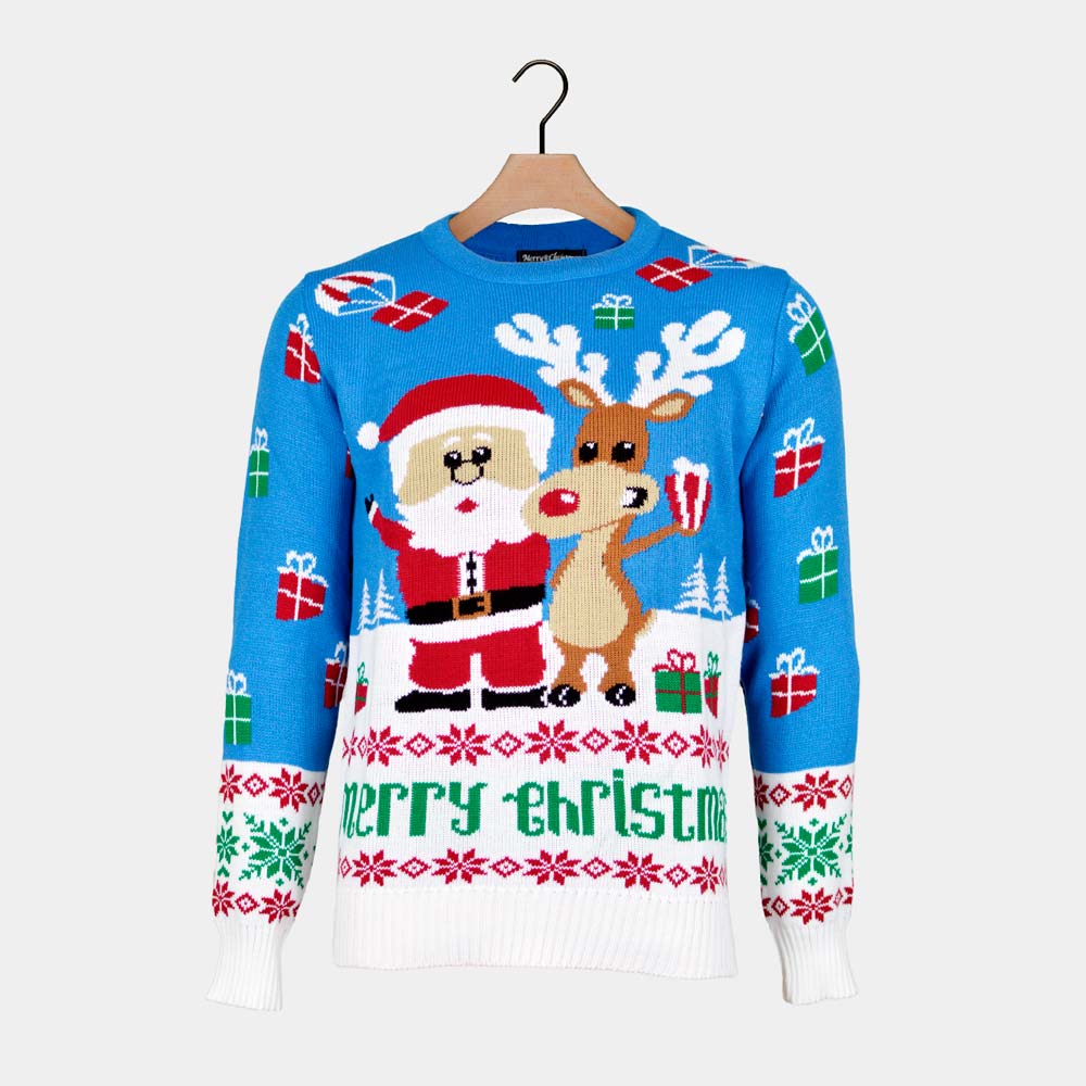 Pull de Noël Couple Bleu Ciel Rudolph le Renne et Père Noël