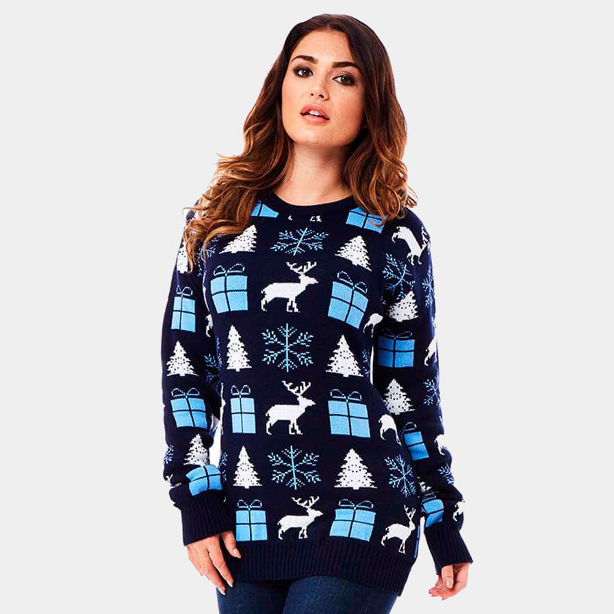 Pull de Noël Femme Bleu avec Rennes, Cadeaux et Sapins 