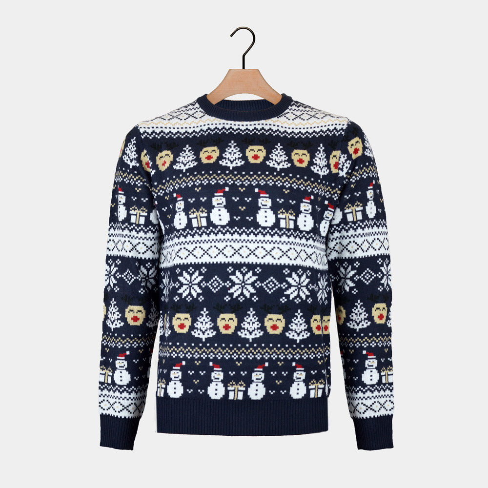 Pull de Noël Bleu pour Homme Bonhommes de Neige et Sapins
