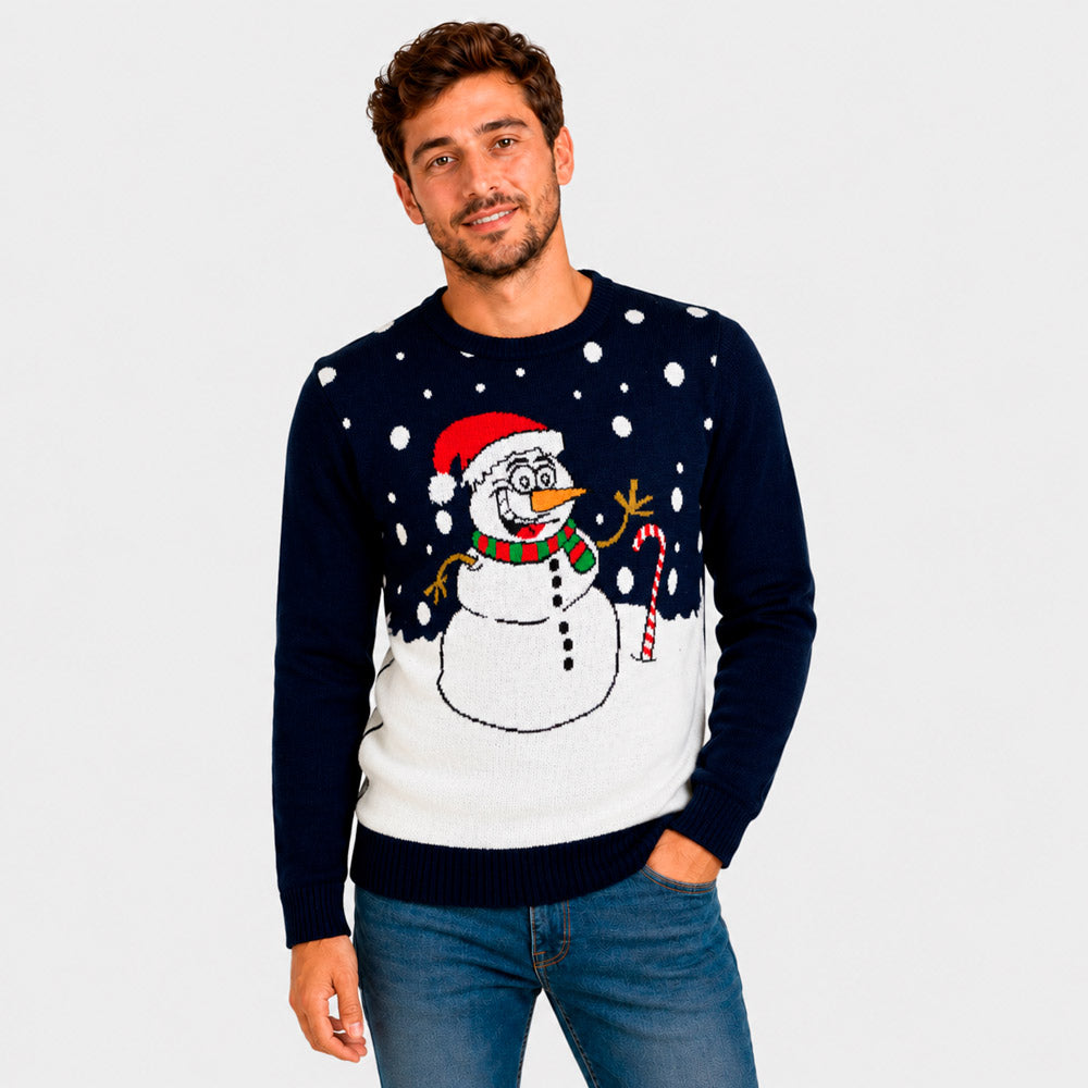 Pull de Noël Bleu Marine avec Bonhomme de Neige
