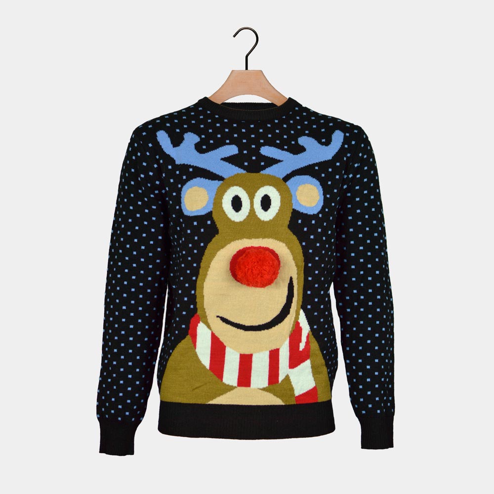 Pull de Noël  Bleu Renne avec Nez Rouge 3D pour Famille
