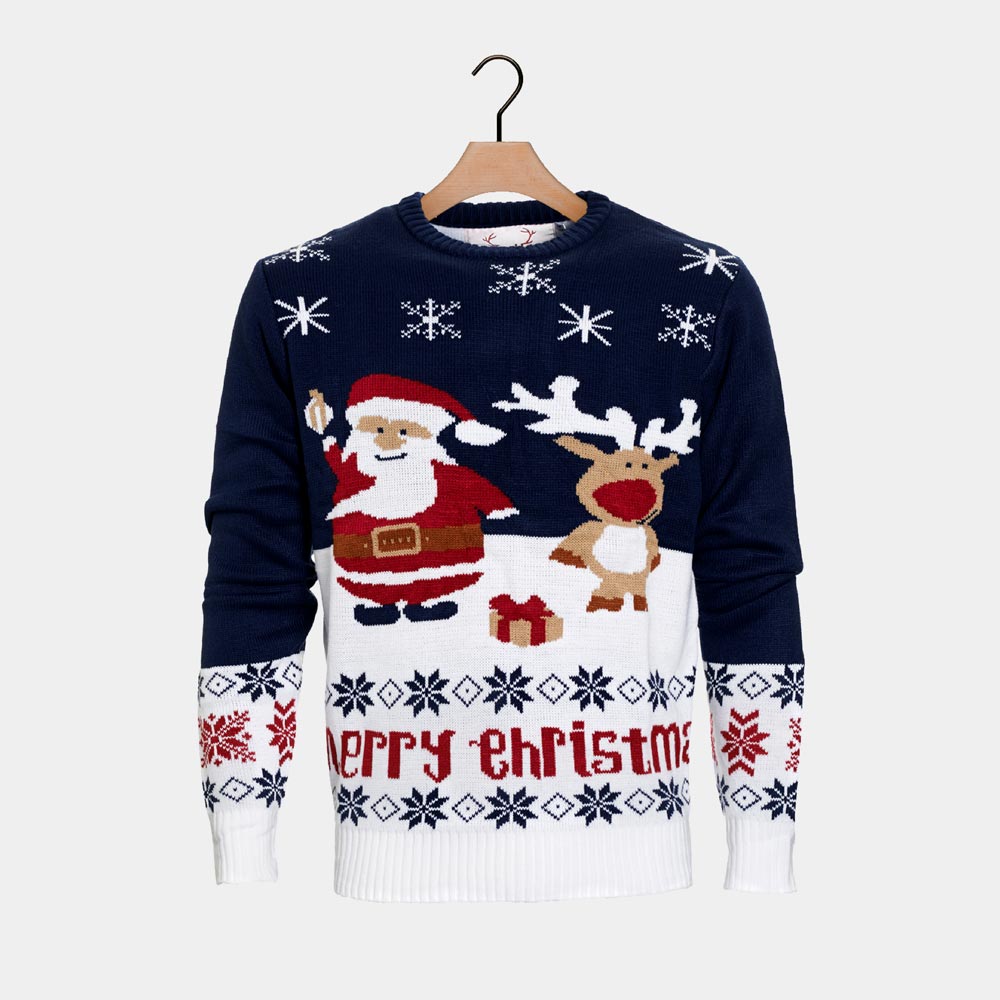 Pull de Noël pour Homme Bleu Père Noël et Rudolph le Renne 