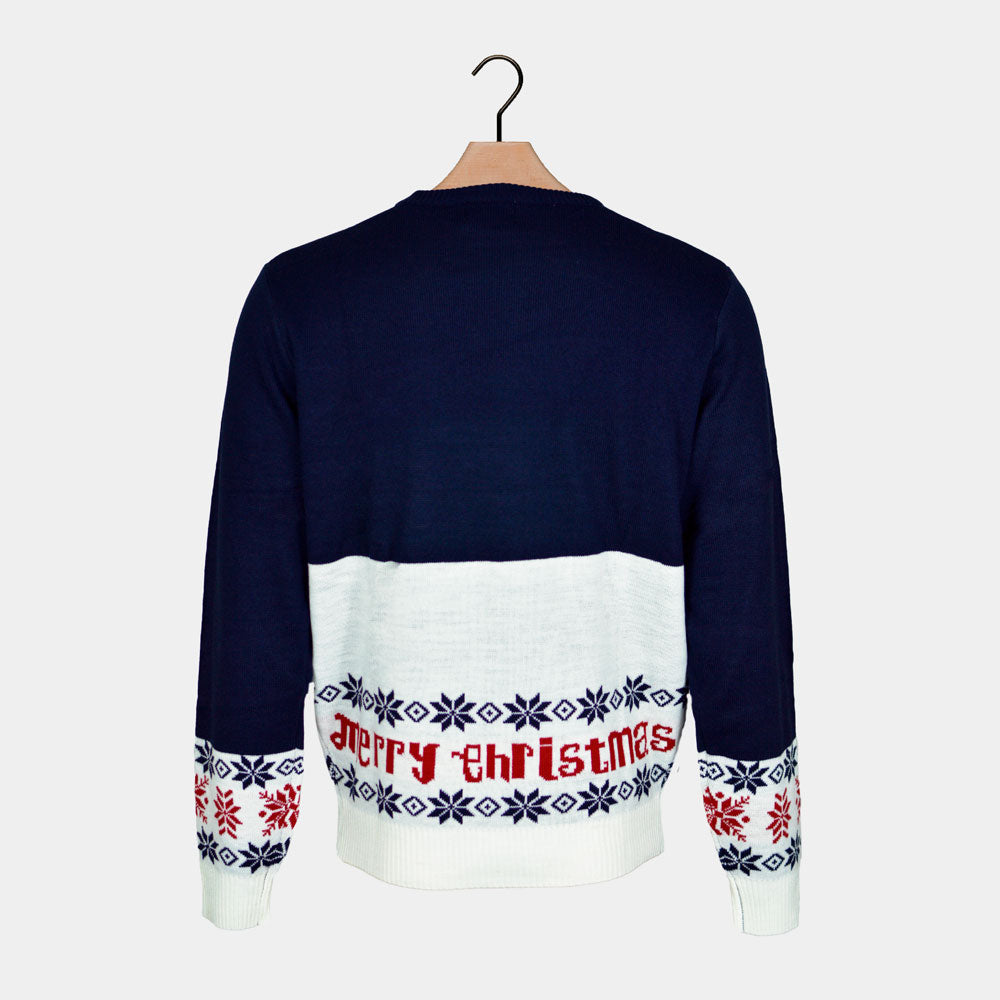 Coton Bio Pull de Noël pour Homme Bleu Père Noël et Rudolph le Renne 