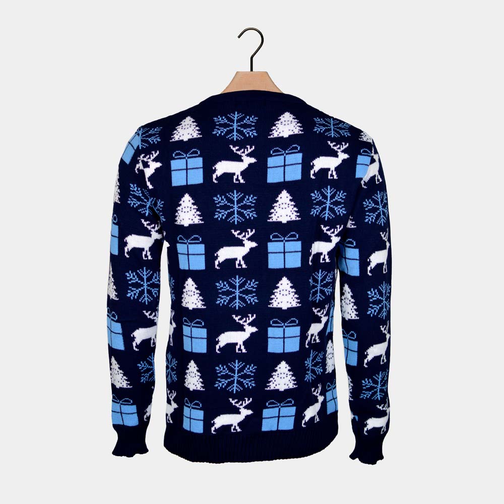 Pull de Noël Homme Bleu Rennes, Cadeaux et Sapins