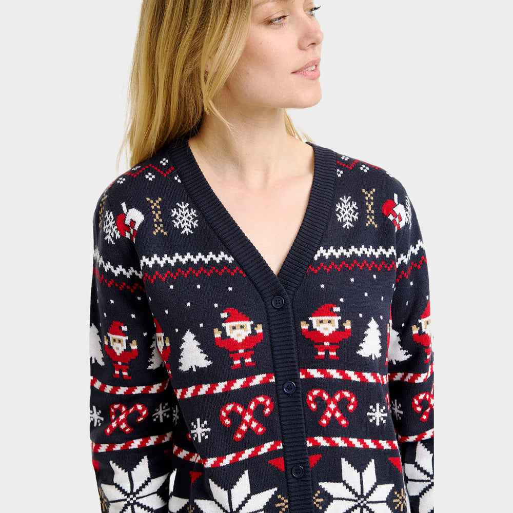 Pull de Noël Cardigan Femme Bleu avec Étoiles Polaires
