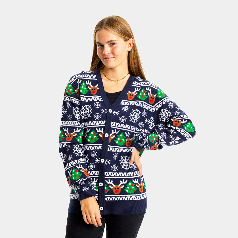 Pull de Noël Cardigan pour Couple Bleu avec Rennes et Sapins de Noël femme