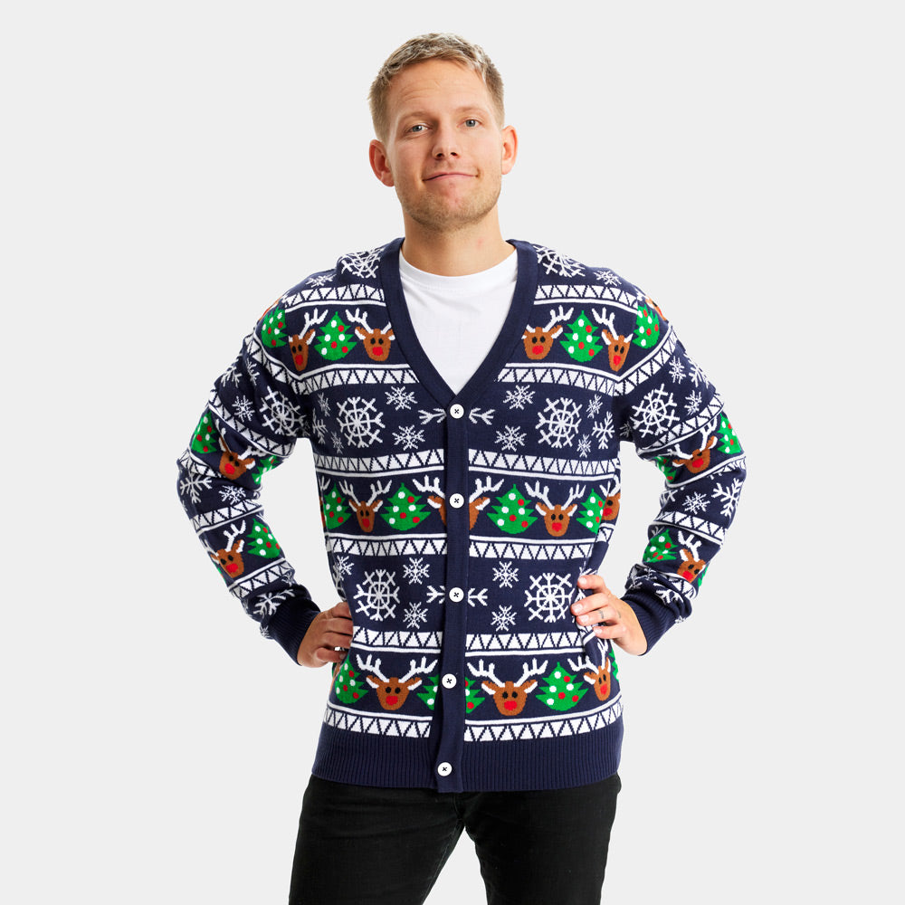 Pull de Noël Cardigan pour Couple Bleu avec Rennes et Sapins de Noël homme