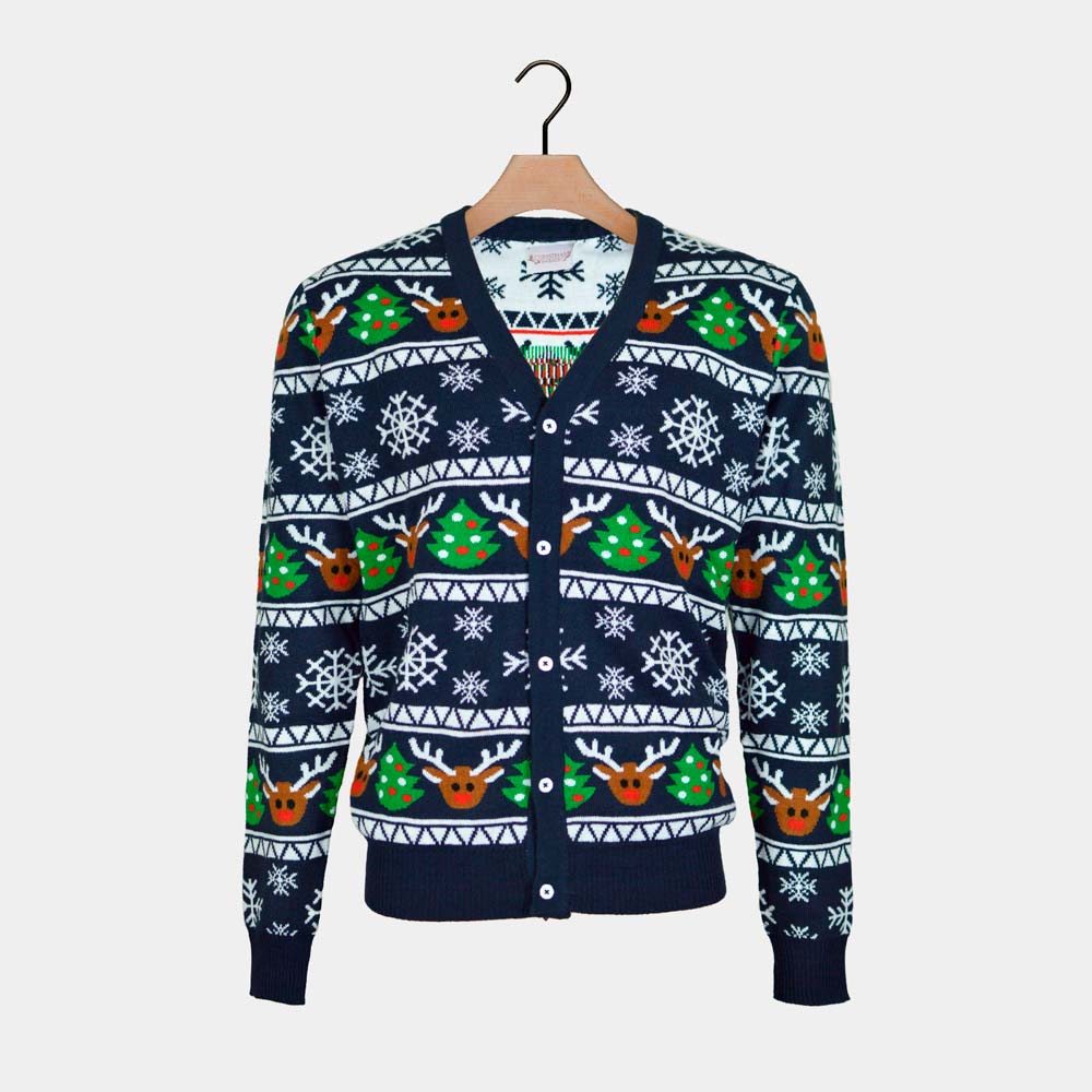 Pull de Noël Cardigan pour Homme Bleu avec Rennes et Sapins de Noël