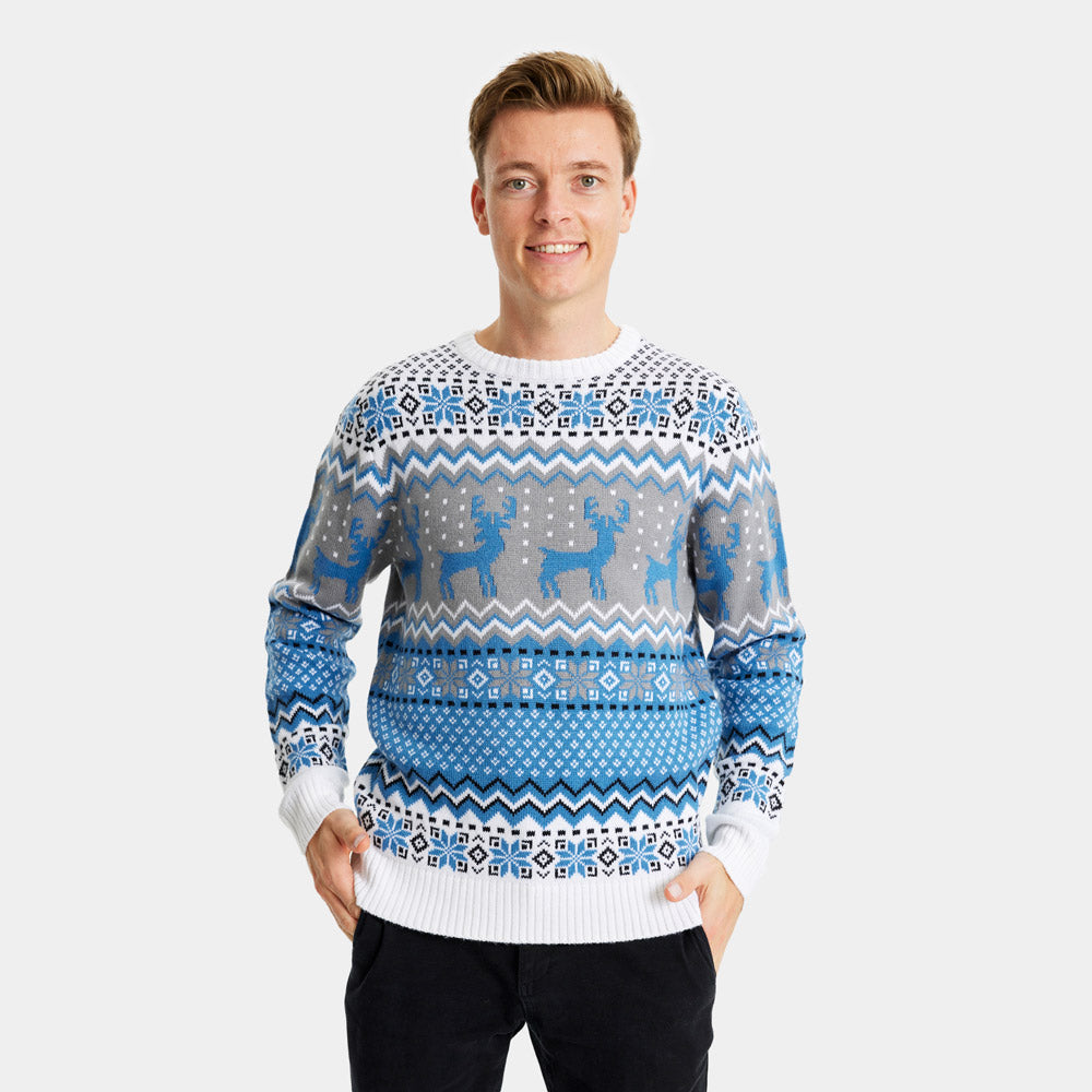 Pull de Noël Chic pour Couple Blanc, Gris et Bleu avec Rennes homme